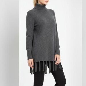 Neiman Marcus 100% Cashmere Fringe Hem Turtleneck Sweater | Gray | Women’s Small